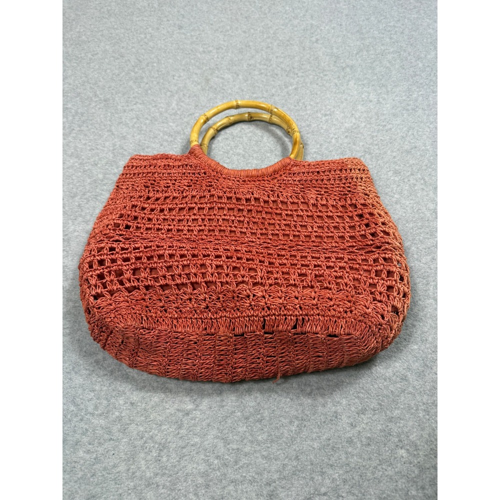 Cappelli Straworld Orange Woven Straw Beaded Tote Bag with Bamboo Handles